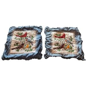 Vtg Throw Pillow Covers Birds Cardinal Bluebird Blue Crochet Ruffle 14 x 14